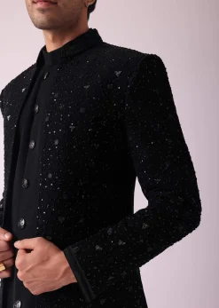 Black Patterned Indowestern Set In Suiting Fabric