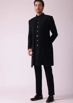 Black Patterned Indowestern Set In Suiting Fabric