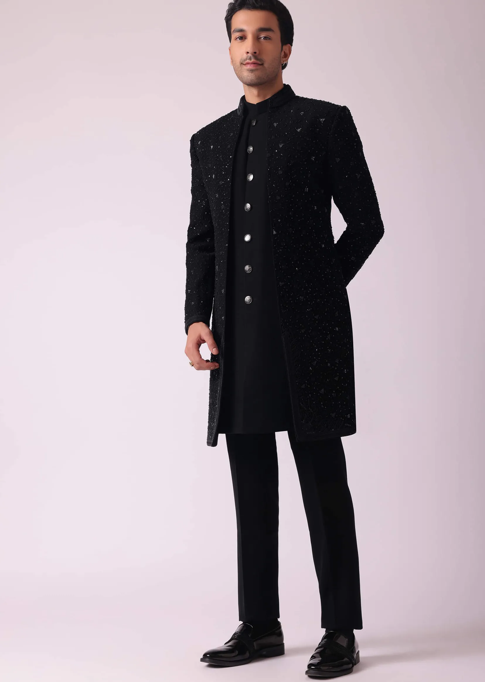 Black Patterned Indowestern Set In Suiting Fabric