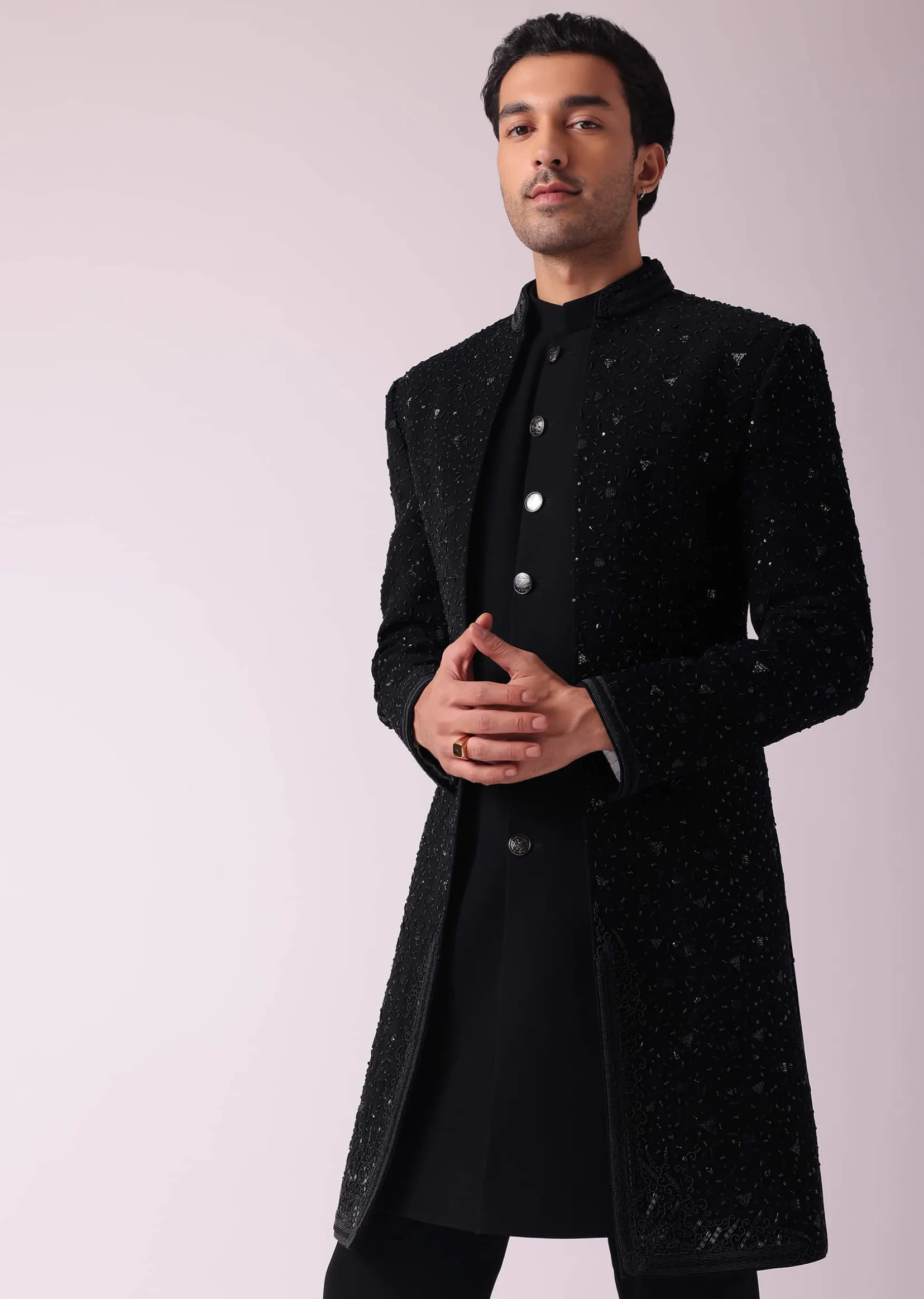 Black Patterned Indowestern Set In Suiting Fabric