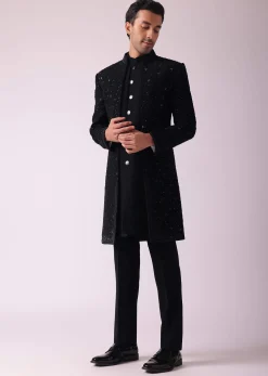 Black Patterned Indowestern Set In Suiting Fabric