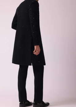 Black Patterned Indowestern Set In Suiting Fabric