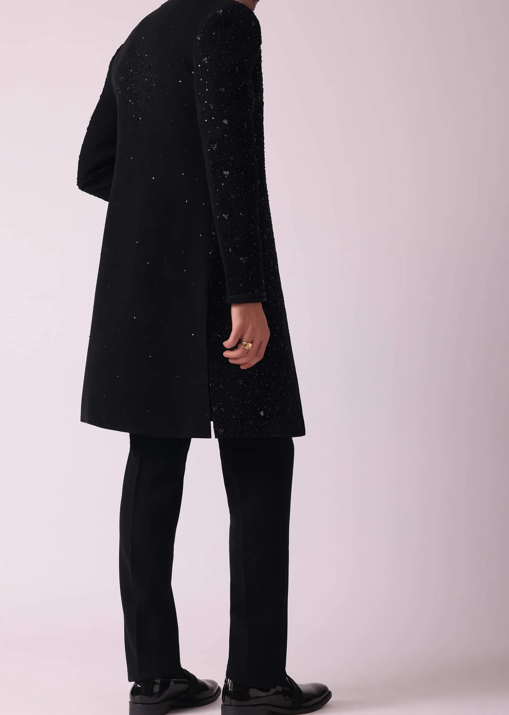 Black Patterned Indowestern Set In Suiting Fabric