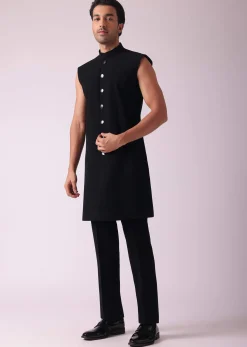 Black Patterned Indowestern Set In Suiting Fabric