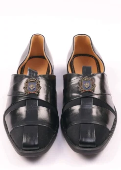 Black Peshawari Footwear In Rexine And Suede Leather Embellished With A Brooch
