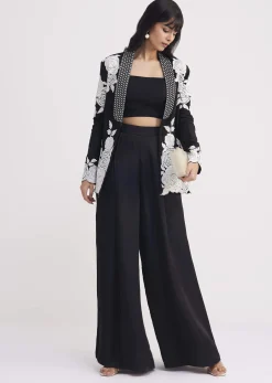 Black Pintuck Croptop Set With Blazer Style Jacket