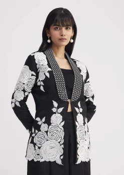 Black Pintuck Croptop Set With Blazer Style Jacket