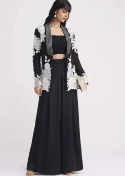 Black Pintuck Croptop Set With Blazer Style Jacket