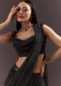 Black Pre Stitched Slit Saree With Cowl Blouse