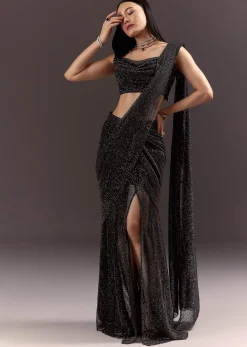 Black Pre Stitched Slit Saree With Cowl Blouse