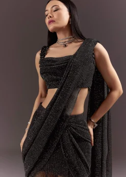 Black Pre Stitched Slit Saree With Cowl Blouse