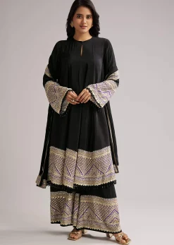 Black Printed Border Anarkali Set With Palazzo And Dupatta
