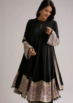 Black Printed Border Anarkali Set With Palazzo And Dupatta