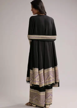 Black Printed Border Anarkali Set With Palazzo And Dupatta