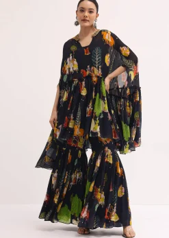 Black Printed Georgette Crop Top And Sharara Set