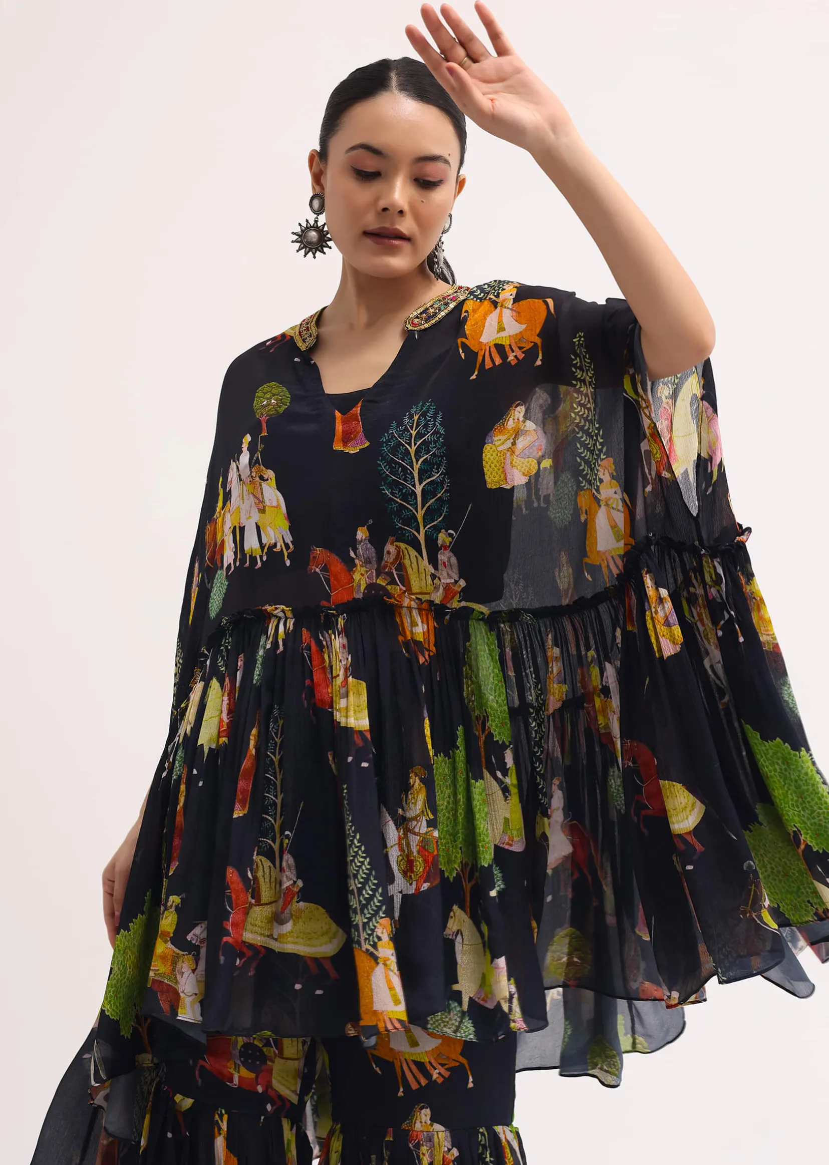 Black Printed Georgette Crop Top And Sharara Set