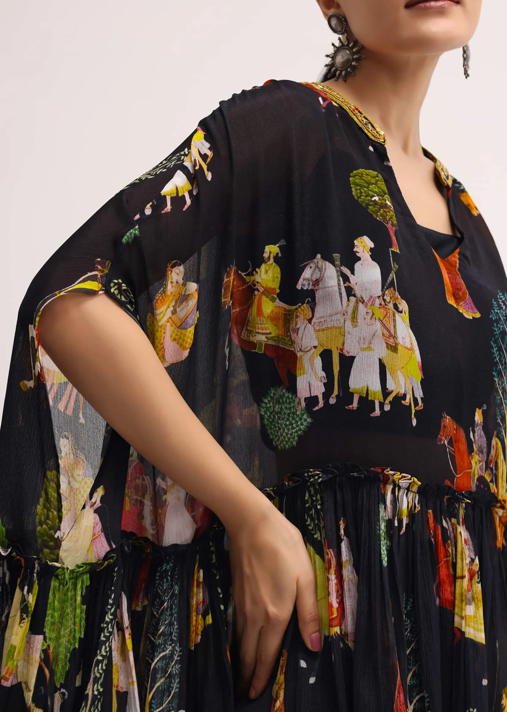 Black Printed Georgette Crop Top And Sharara Set