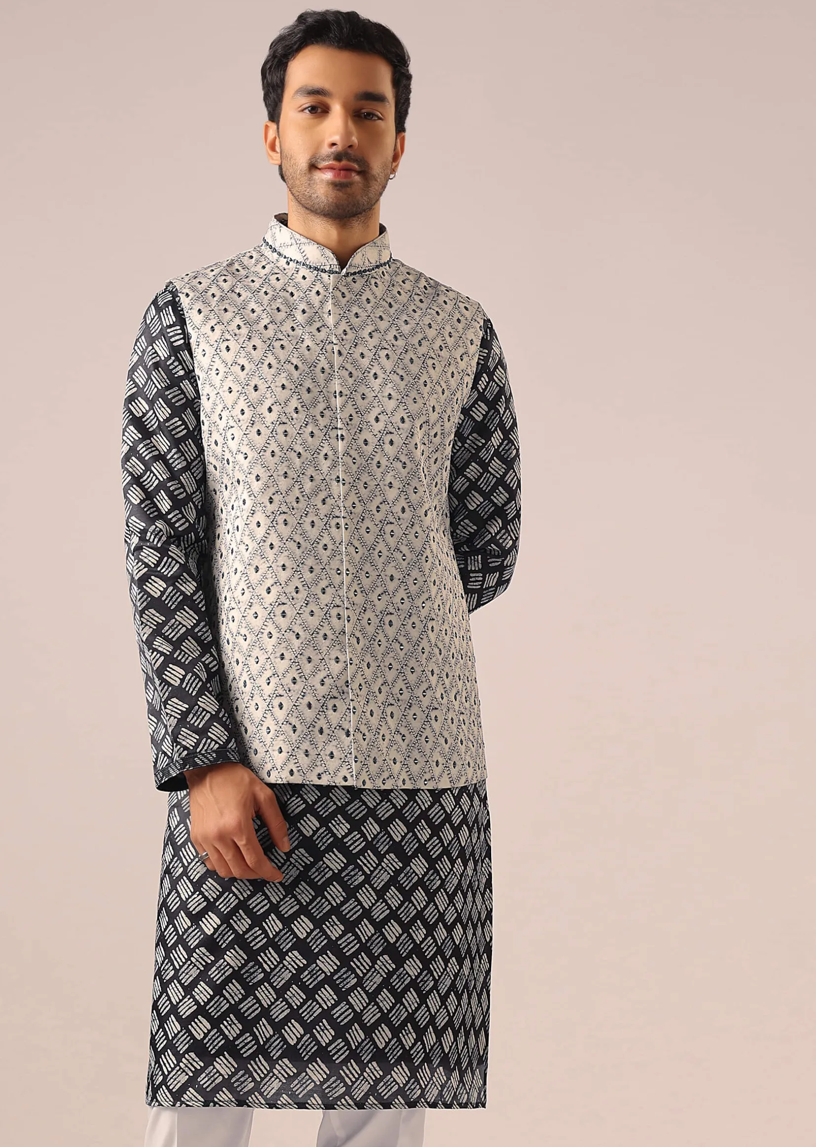 Black Printed Jacket And Kurta Set