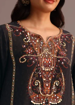 Black Printed Kurti Pant Set With Chiffon Dupatta