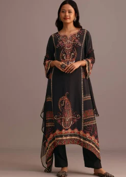 Black Printed Kurti Pant Set With Chiffon Dupatta