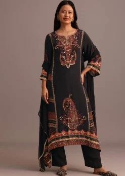 Black Printed Kurti Pant Set With Chiffon Dupatta