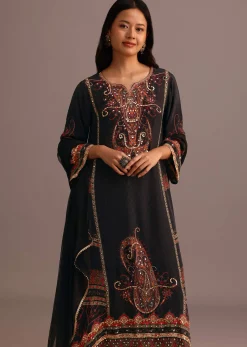 Black Printed Kurti Pant Set With Chiffon Dupatta