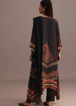 Black Printed Kurti Pant Set With Chiffon Dupatta