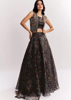 Black Printed Lehenga Choli With Mirror Work Jacket In Organza Tissue
