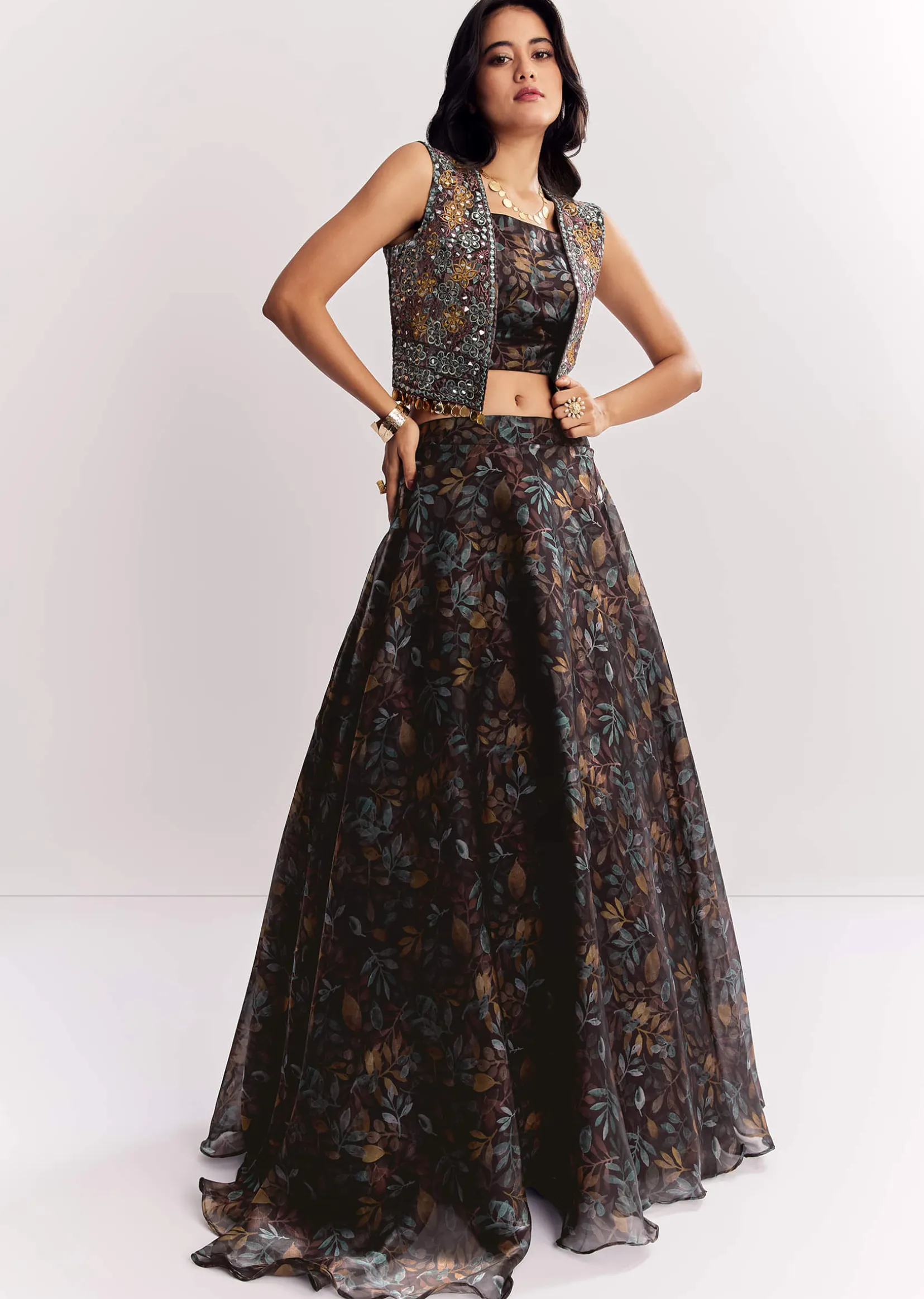 Black Printed Lehenga Choli With Mirror Work Jacket In Organza Tissue