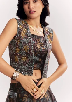 Black Printed Lehenga Choli With Mirror Work Jacket In Organza Tissue