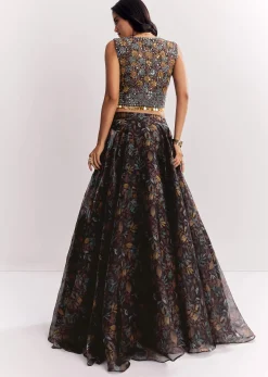 Black Printed Lehenga Choli With Mirror Work Jacket In Organza Tissue