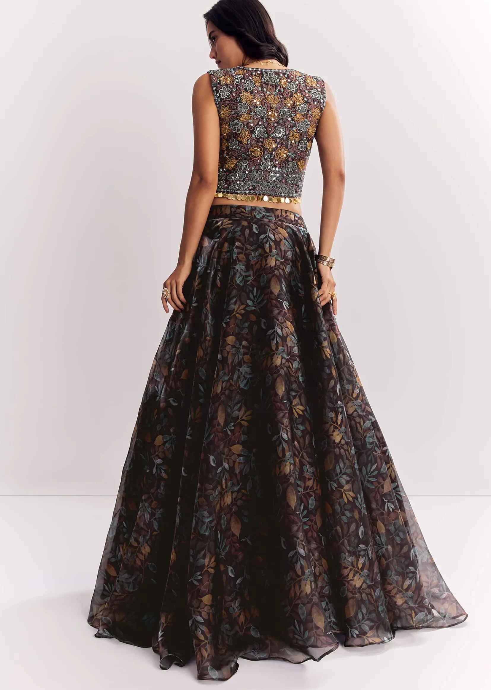 Black Printed Lehenga Choli With Mirror Work Jacket In Organza Tissue