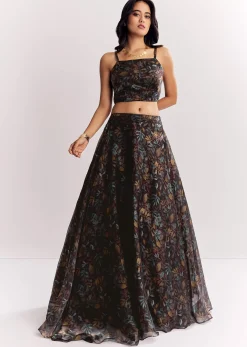 Black Printed Lehenga Choli With Mirror Work Jacket In Organza Tissue