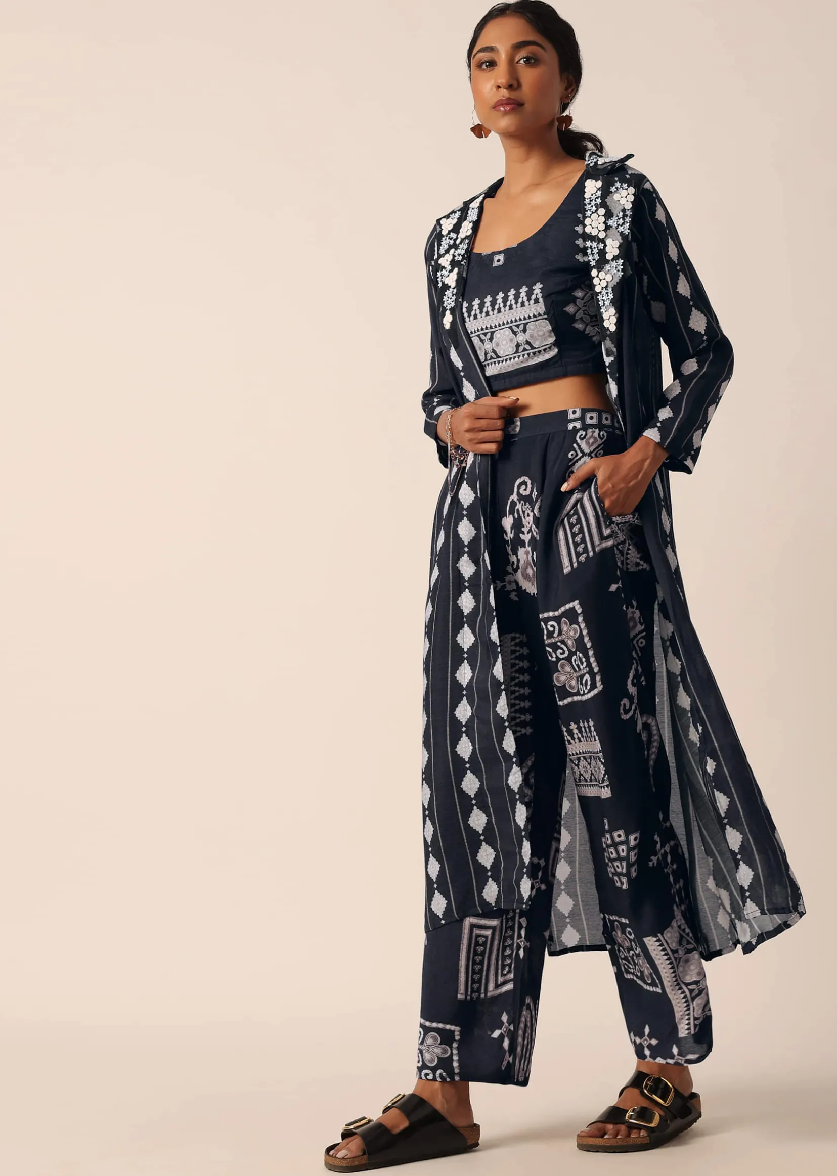 Black Printed Long Jacket And Pant Set In Cotton