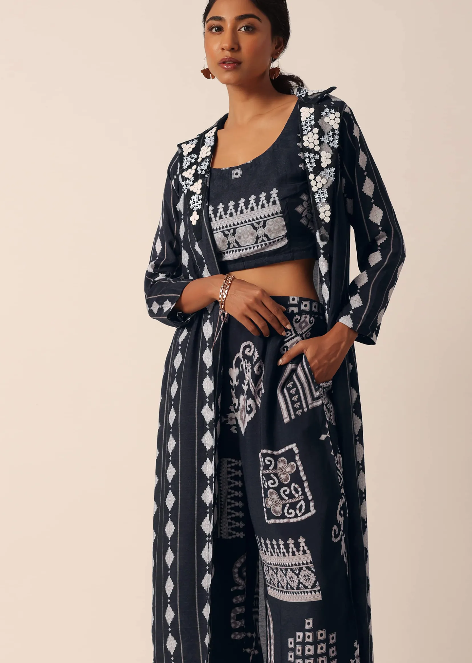 Black Printed Long Jacket And Pant Set In Cotton