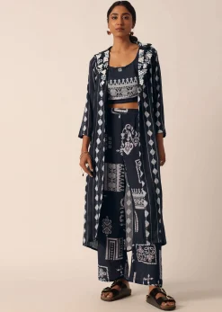 Black Printed Long Jacket And Pant Set In Cotton