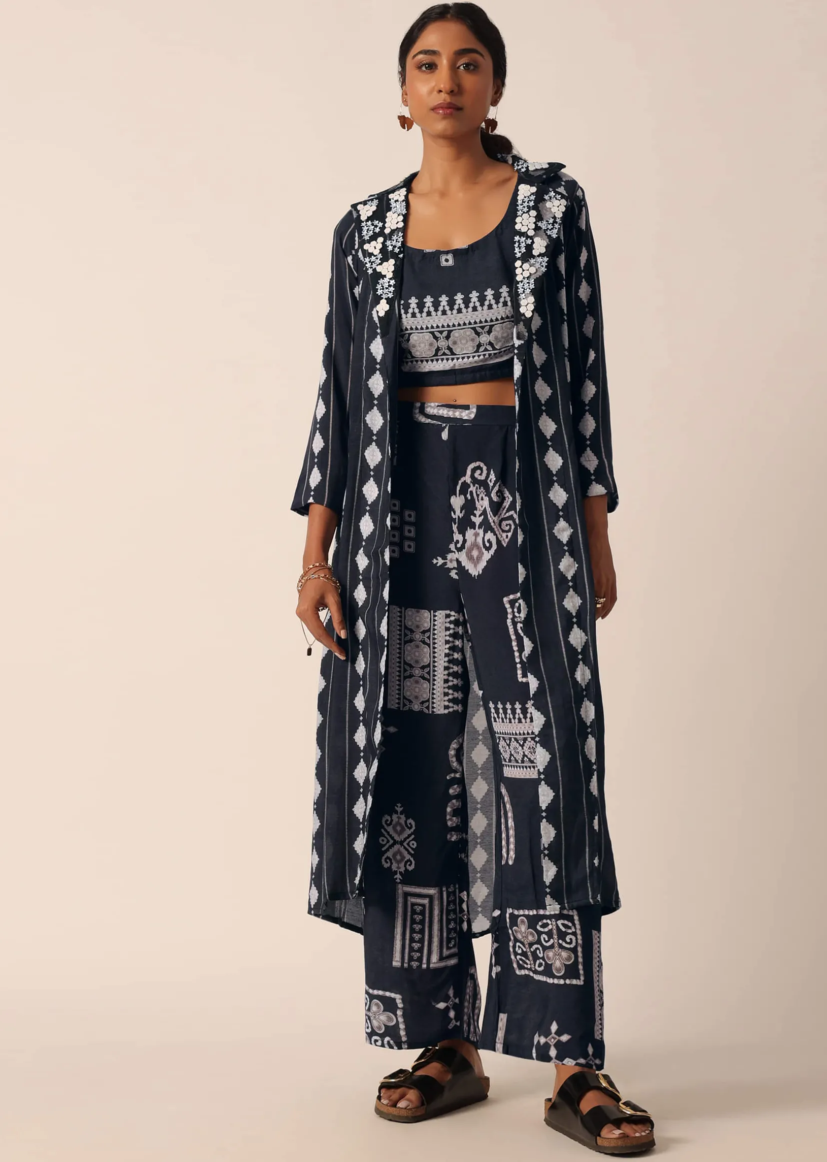 Black Printed Long Jacket And Pant Set In Cotton