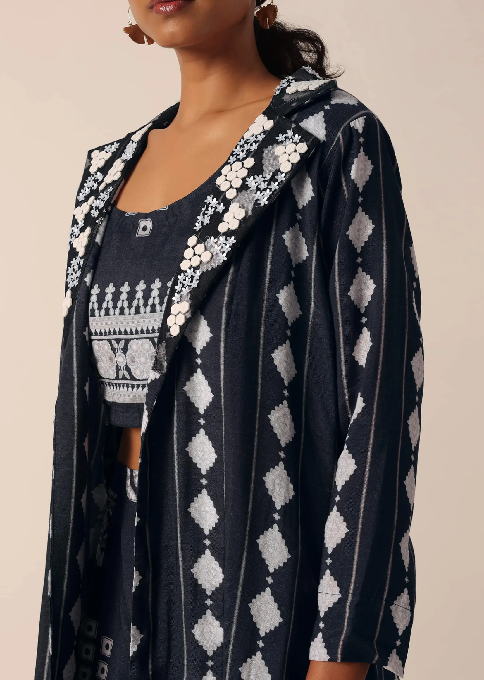 Black Printed Long Jacket And Pant Set In Cotton