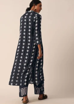 Black Printed Long Jacket And Pant Set In Cotton