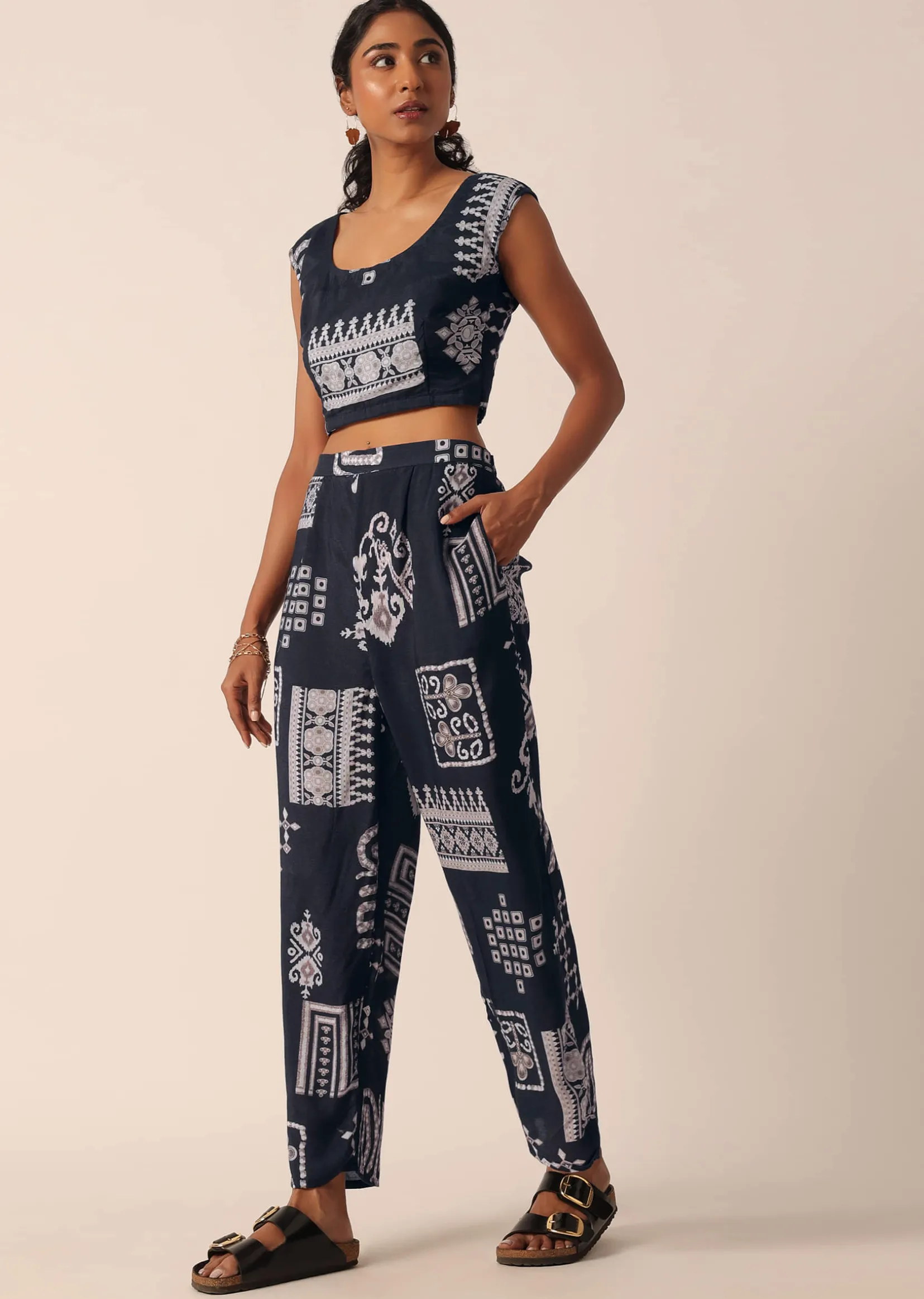 Black Printed Long Jacket And Pant Set In Cotton