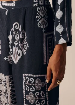 Black Printed Long Jacket And Pant Set In Cotton
