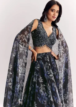 Black Printed Mirror Work Lehenga Choli Set In Organza Tissue