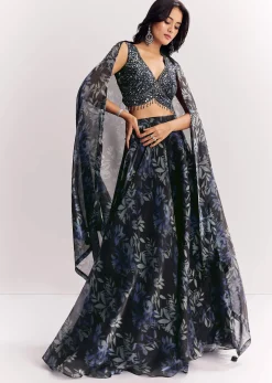 Black Printed Mirror Work Lehenga Choli Set In Organza Tissue