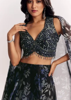 Black Printed Mirror Work Lehenga Choli Set In Organza Tissue