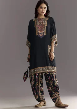Black Printed Muslin Kurta Dhoti Set