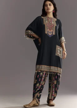 Black Printed Muslin Kurta Dhoti Set