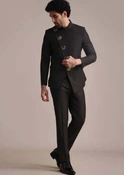 Black Rayon Angrakha Jodhpuri Suit