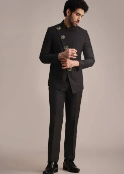 Black Rayon Angrakha Jodhpuri Suit