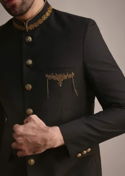 Black Rayon Embroidered Jodhpuri Suit