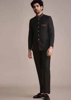 Black Rayon Embroidered Jodhpuri Suit